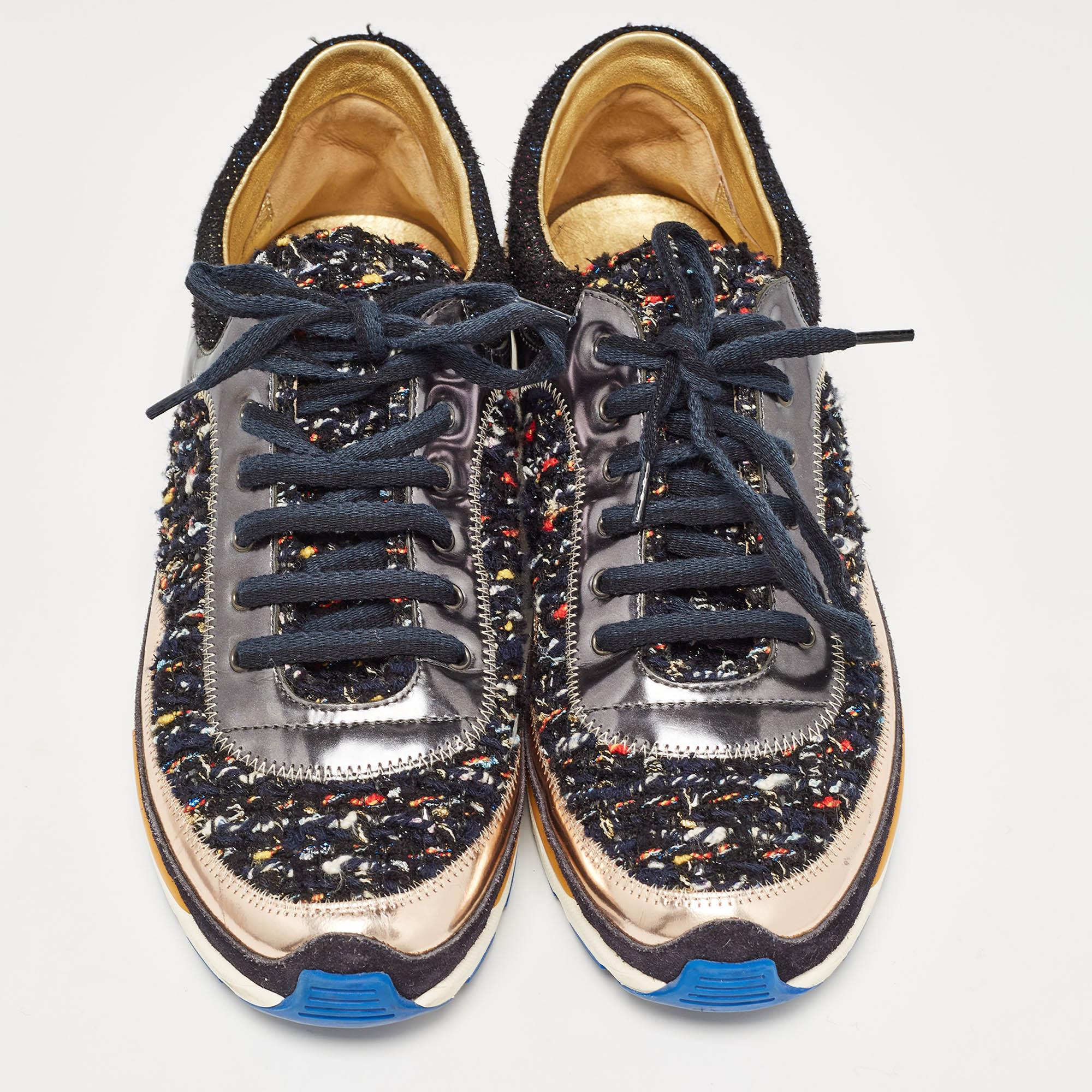 Chanel Multicolor Leather and Tweed CC Low Top Sneakers Size 41 For Sale 1