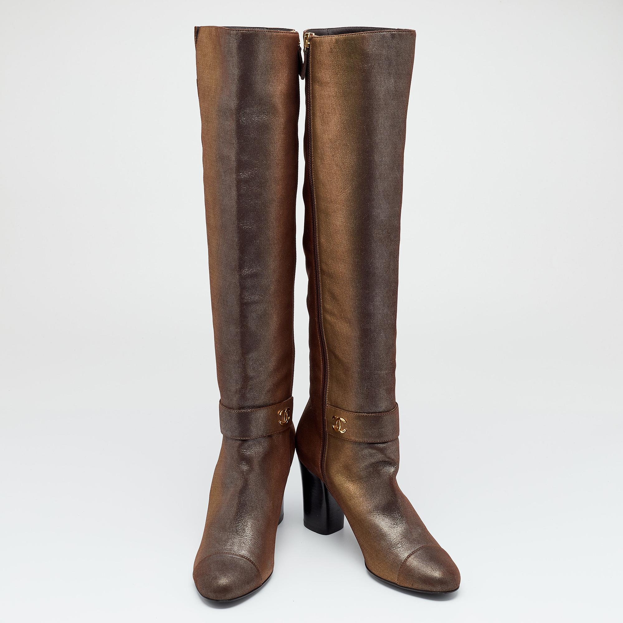 Women's Chanel Multicolor Leather CC Knee Length Boots Size 39.5
