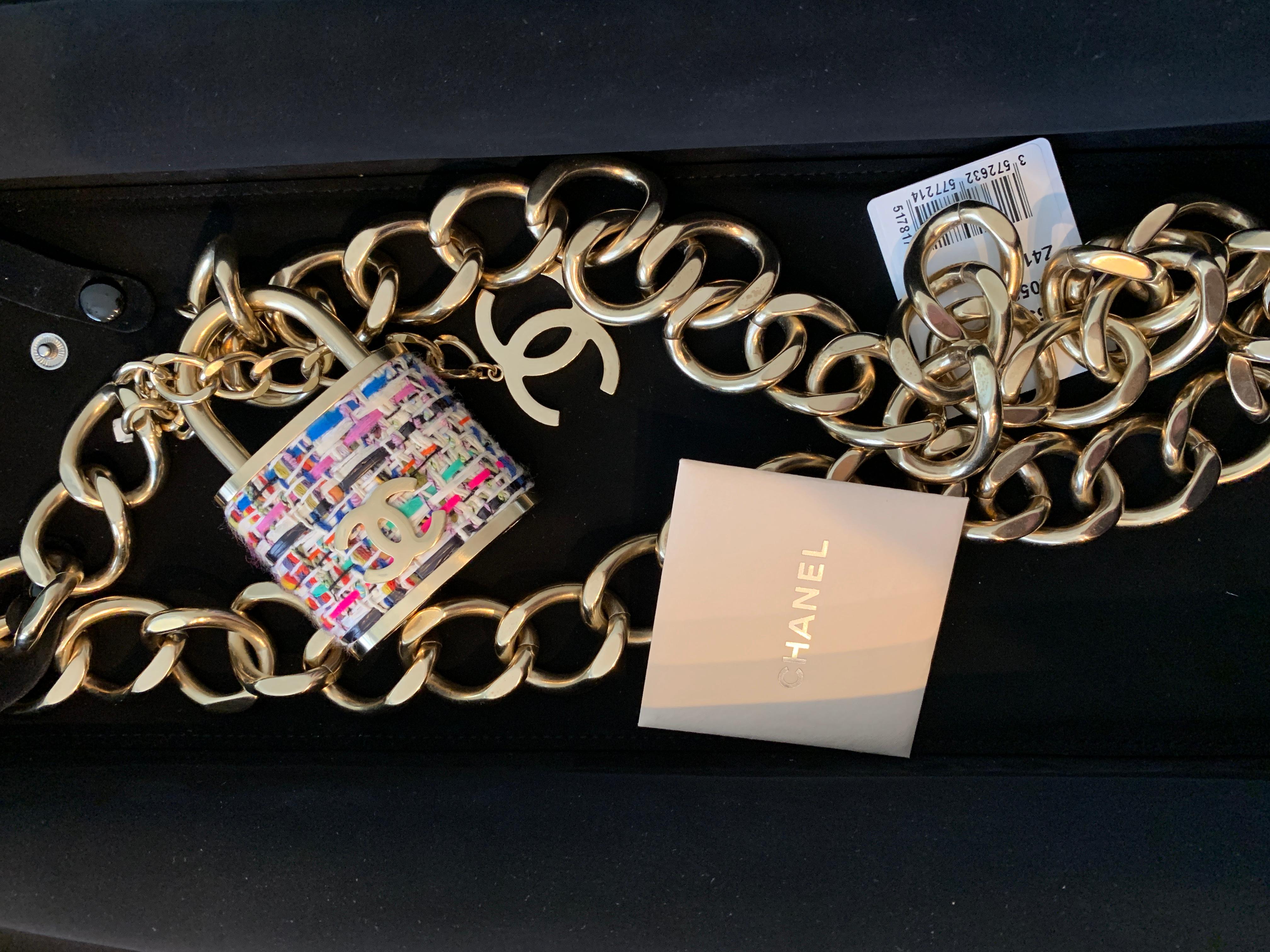 Chanel Multicolor Lock In Tweed Color Oversize Locket Gold Lock Belt In New Condition In West Chester, PA