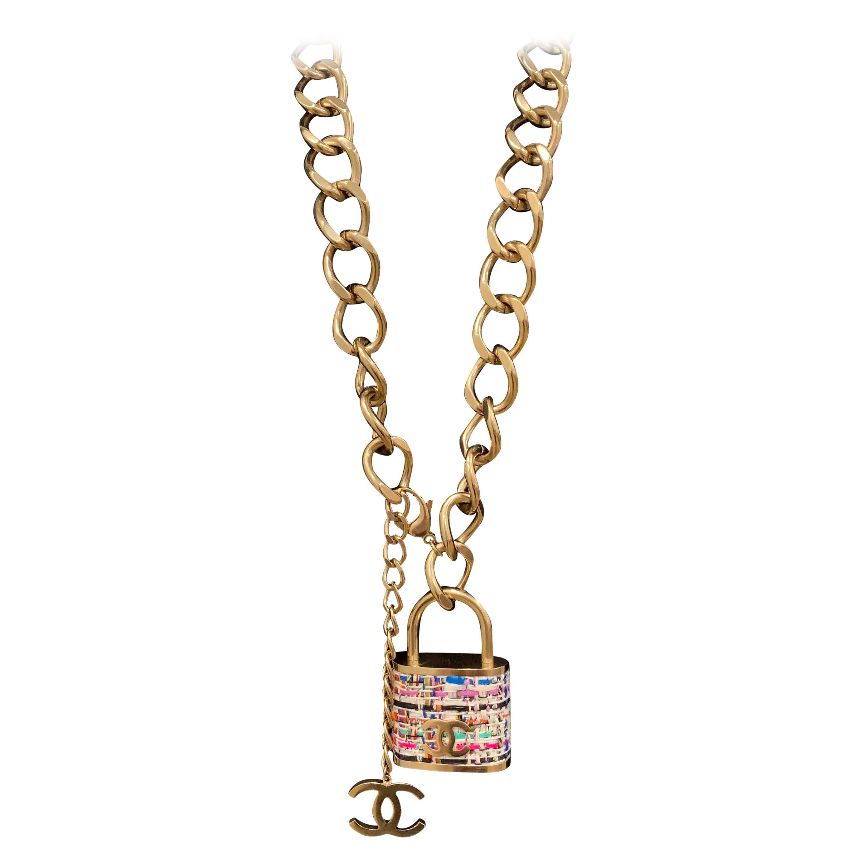 Chanel Multicolor Lock In Tweed Color Oversize Locket Gold Lock Belt