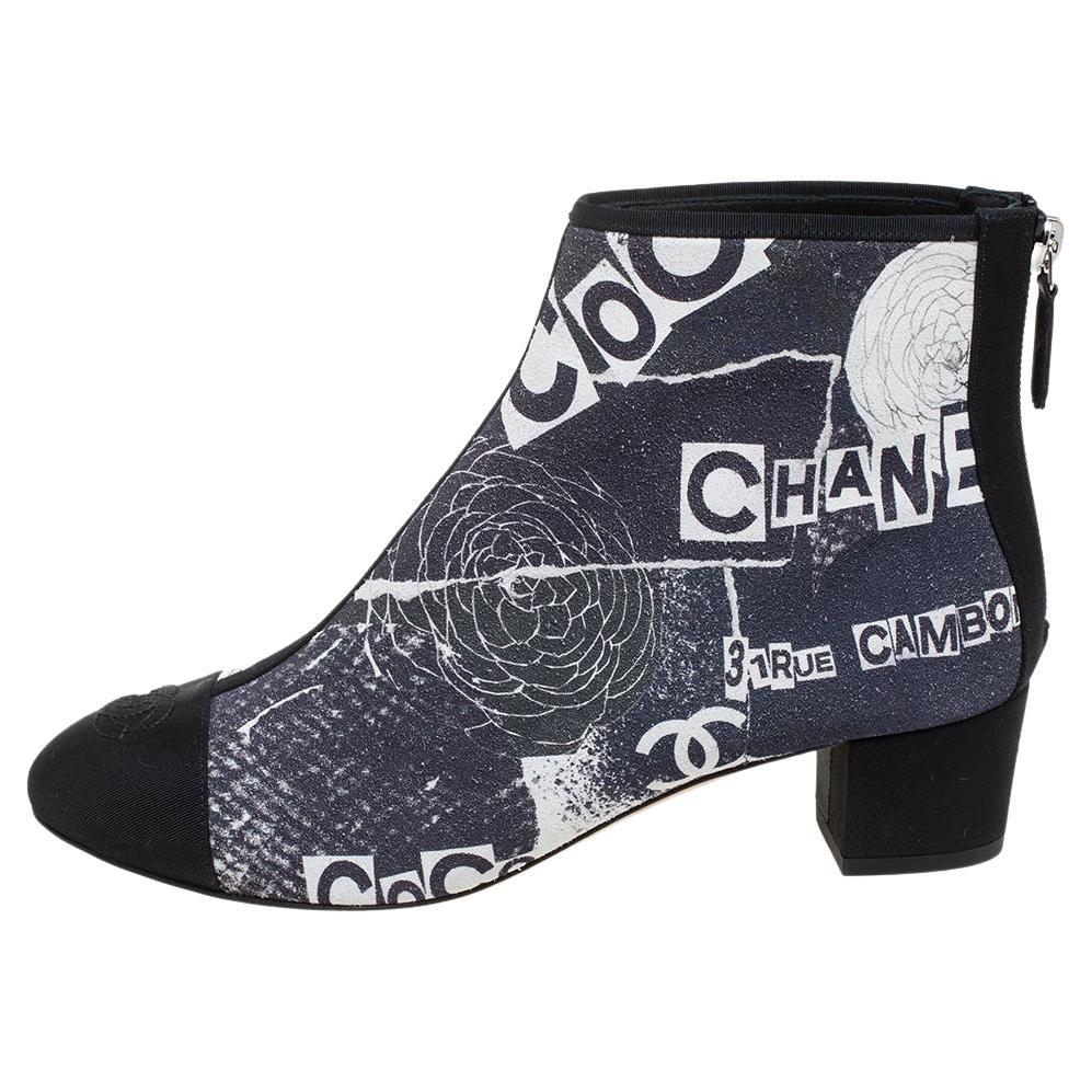 Chanel Multicolor Logo Printed Suede and Fabric CC Cap Toe Ankle Boots Size  37 at 1stDibs