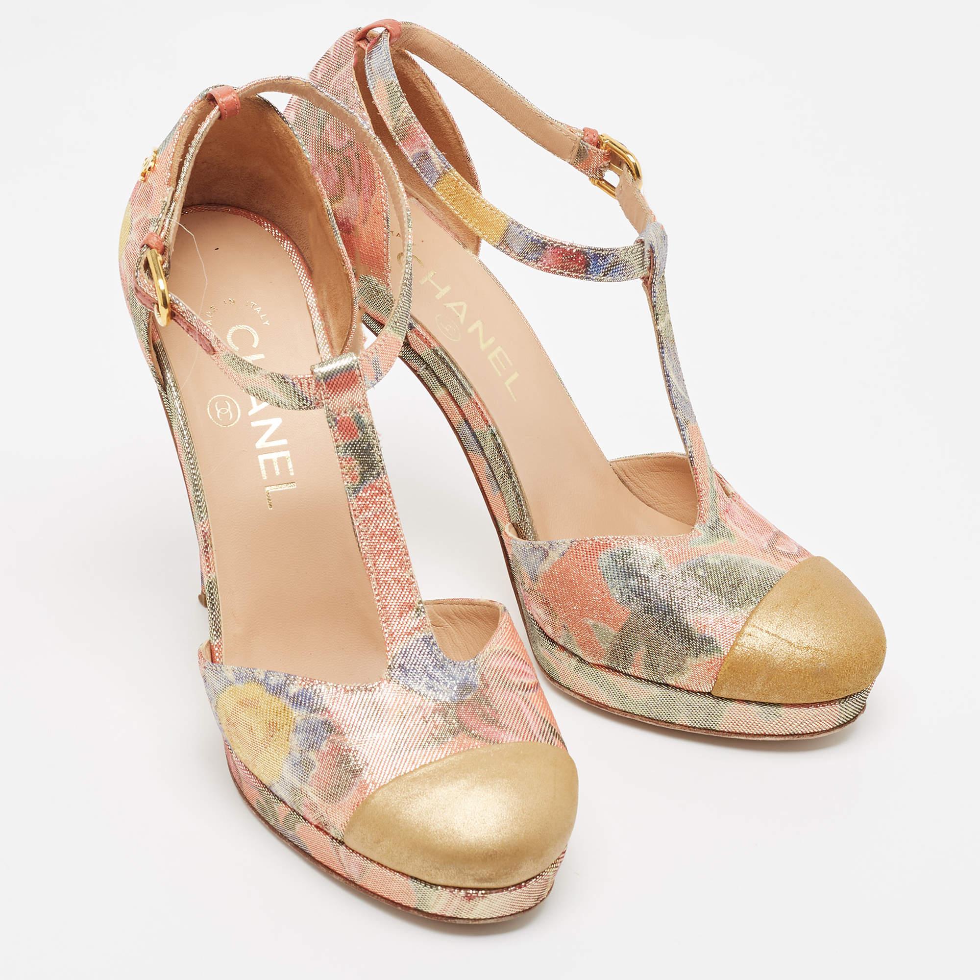 Beige Chanel Multicolor Lurex Fabric and Leather Mary Jane Pumps Size 37.5