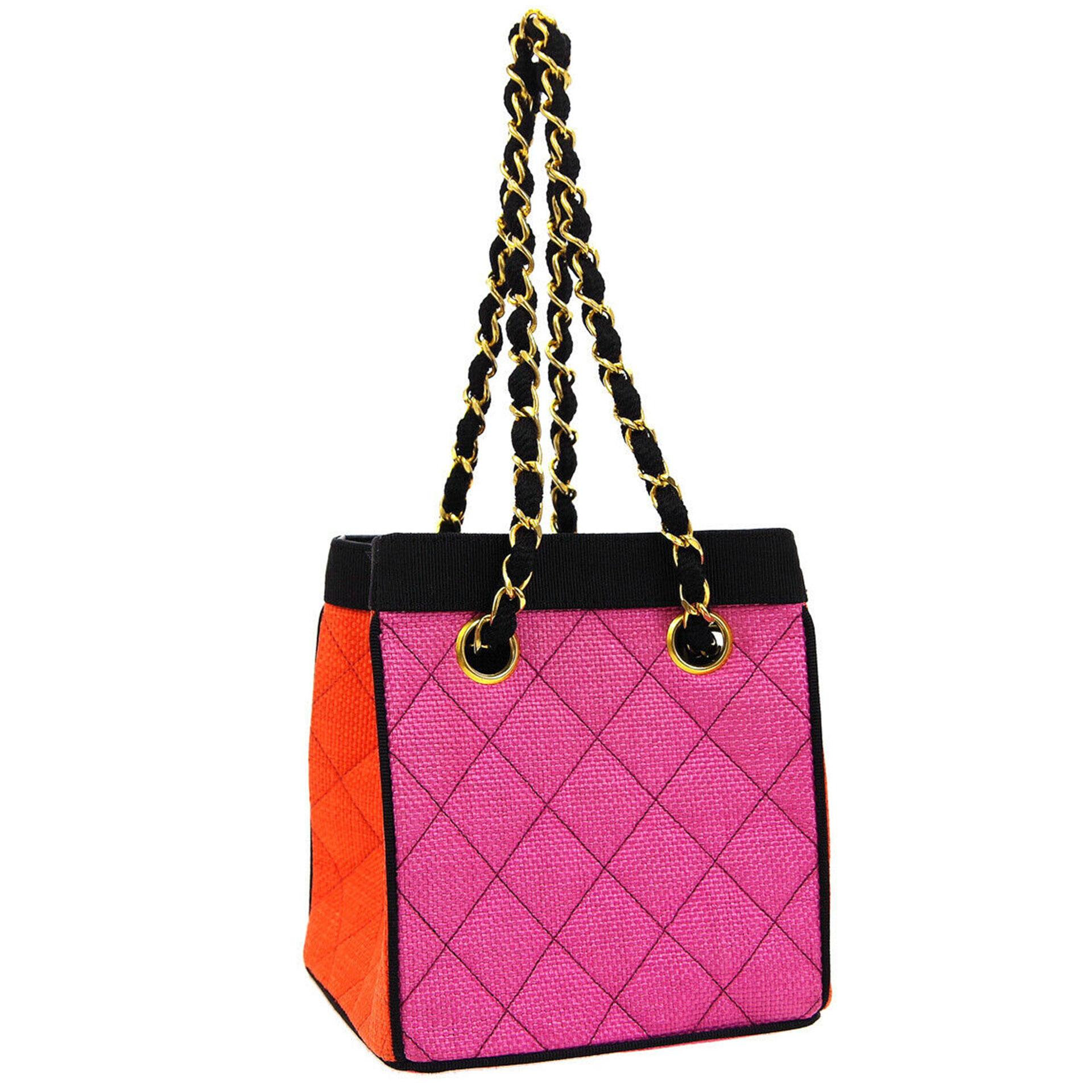 Chanel 1991 Multicolor Mini Vintage Tote Bag Rare Pink Orange Black Straw Tote In Good Condition For Sale In Miami, FL