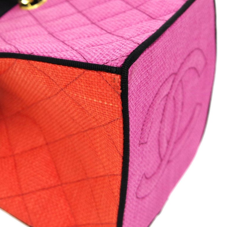 Chanel Multicolor Mini Vintage 90's Tote Bag Rare Pink Orange Black Straw Tote For Sale 6
