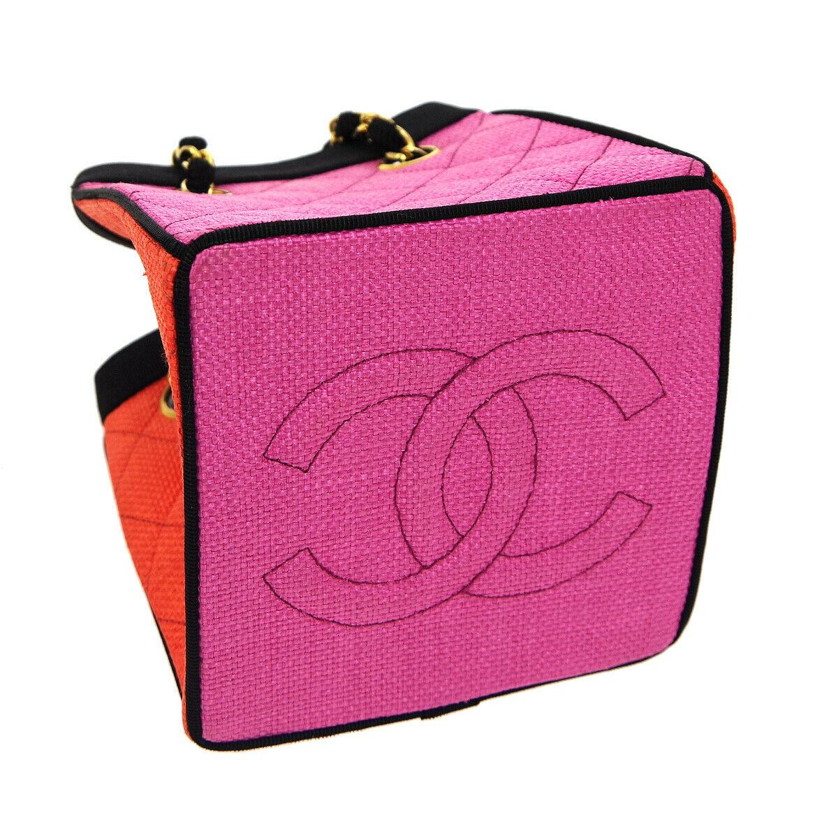 Chanel 1991 Multicolor Mini Vintage Tote Bag Rare Pink Orange Black Straw Tote For Sale 1