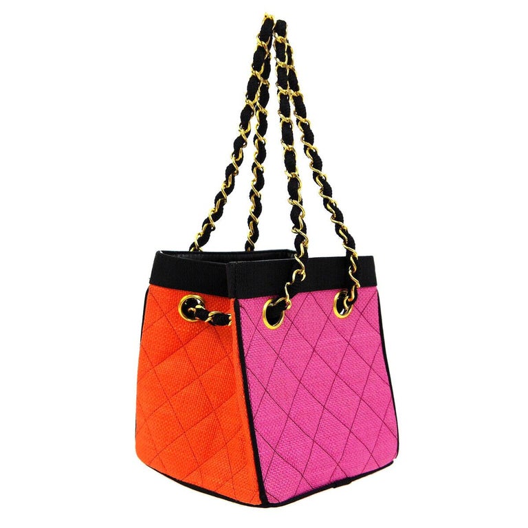 Chanel Multicolor Mini Vintage 90's Tote Bag Rare Pink Orange Black Straw Tote In Good Condition For Sale In Miami, FL