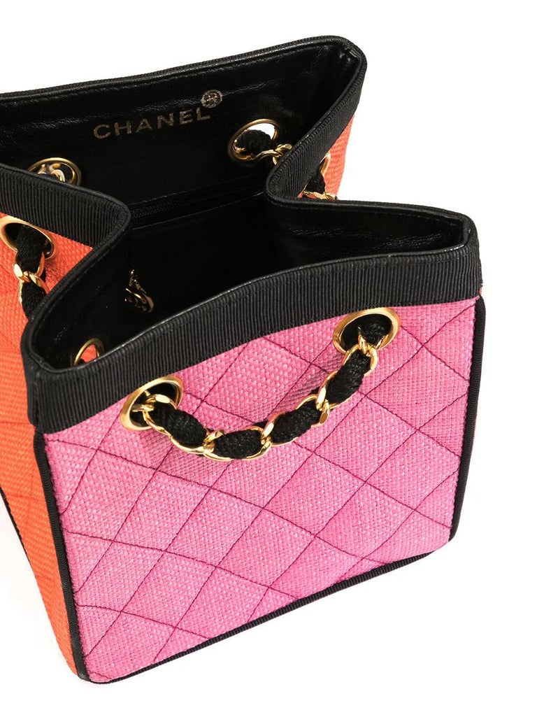 Chanel Multicolor Mini Vintage 90's Tote Bag Rare Pink Orange Black Straw Tote For Sale 2