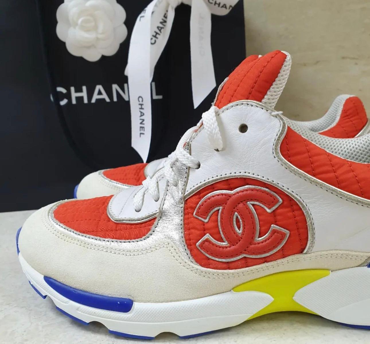 These sneakers from Chanel are perfect for a casual day out. 
They are crafted from nylon and leather and feature round toes, lace-ups on the vamps, CC logo detailing on the sides and leather-lined insoles. 
The tough rubber soles ensure you walk in