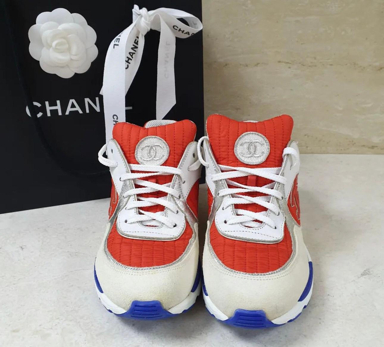 Chanel Multicolor Nylon And Leather CC Logo Lace Up Sneakers  In Good Condition In Krakow, PL