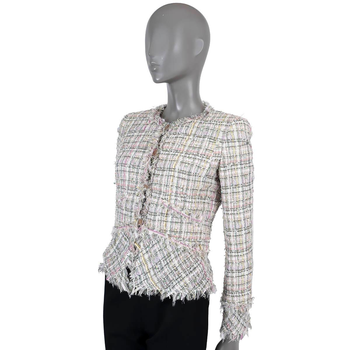 100% authentic Chanel collarless tweed jacket in various shades of green and pink viscose (34%), nylon (25%), acetate (10%), acrylic (10%), polyester (8%), silk (5%), wool (5%) and vinyon (3%). Features clover sequins through-out, fringe trims and