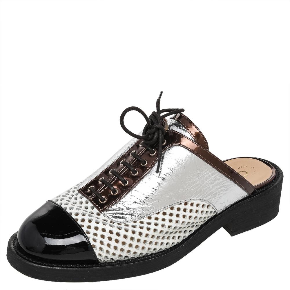 Chanel Multicolor Patent And Leather Lace Up Slip On Mule Sandals