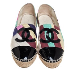 Chanel Multicolor Patent Leather And Canvas Cap Toe CC Espadrille Flats Size 40