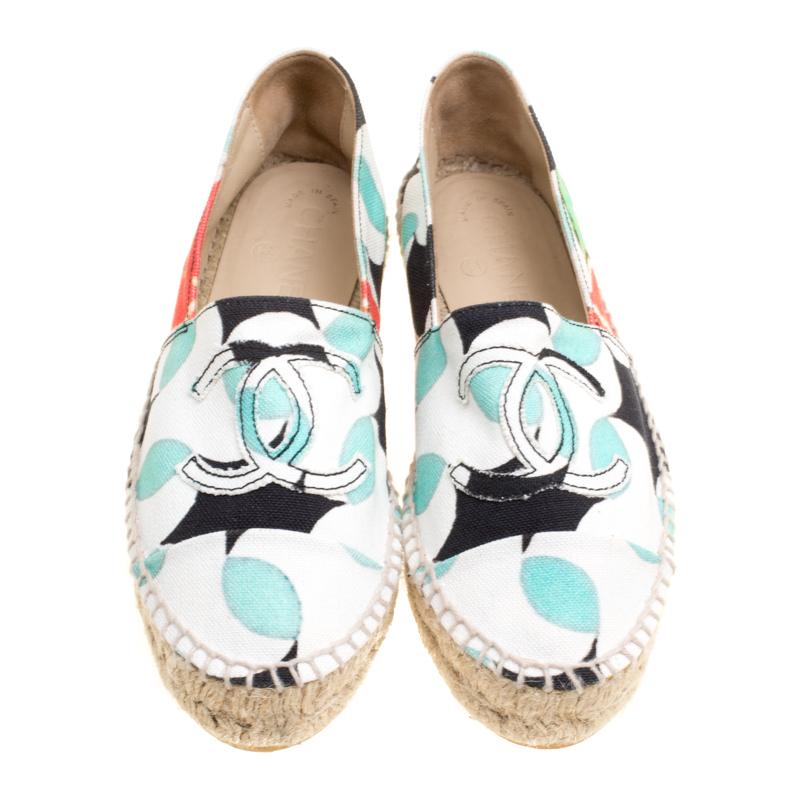 Beige Chanel Multicolor Print Canvas CC Espadrille Size 36