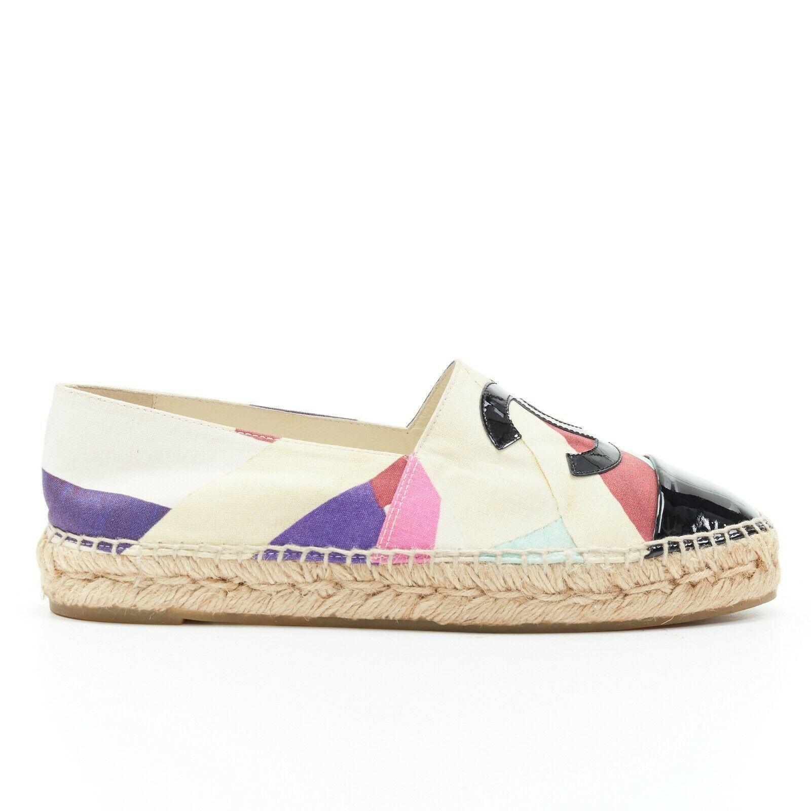 Beige CHANEL multicolor print canvas patent toe cap CC logo dual sole espadrille EU38