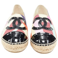 CHANEL multicolor print canvas patent toe cap CC logo dual sole espadrille EU38