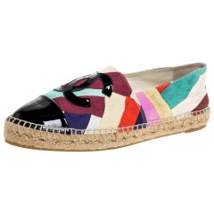 Chanel Multicolor Print Crepe CC Patent Cap Toe Espadrille Flats Size 42