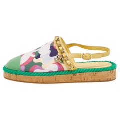 Chanel Multicolor Printed Canvas and Leather CC Chain Link Slingback Flats Size 