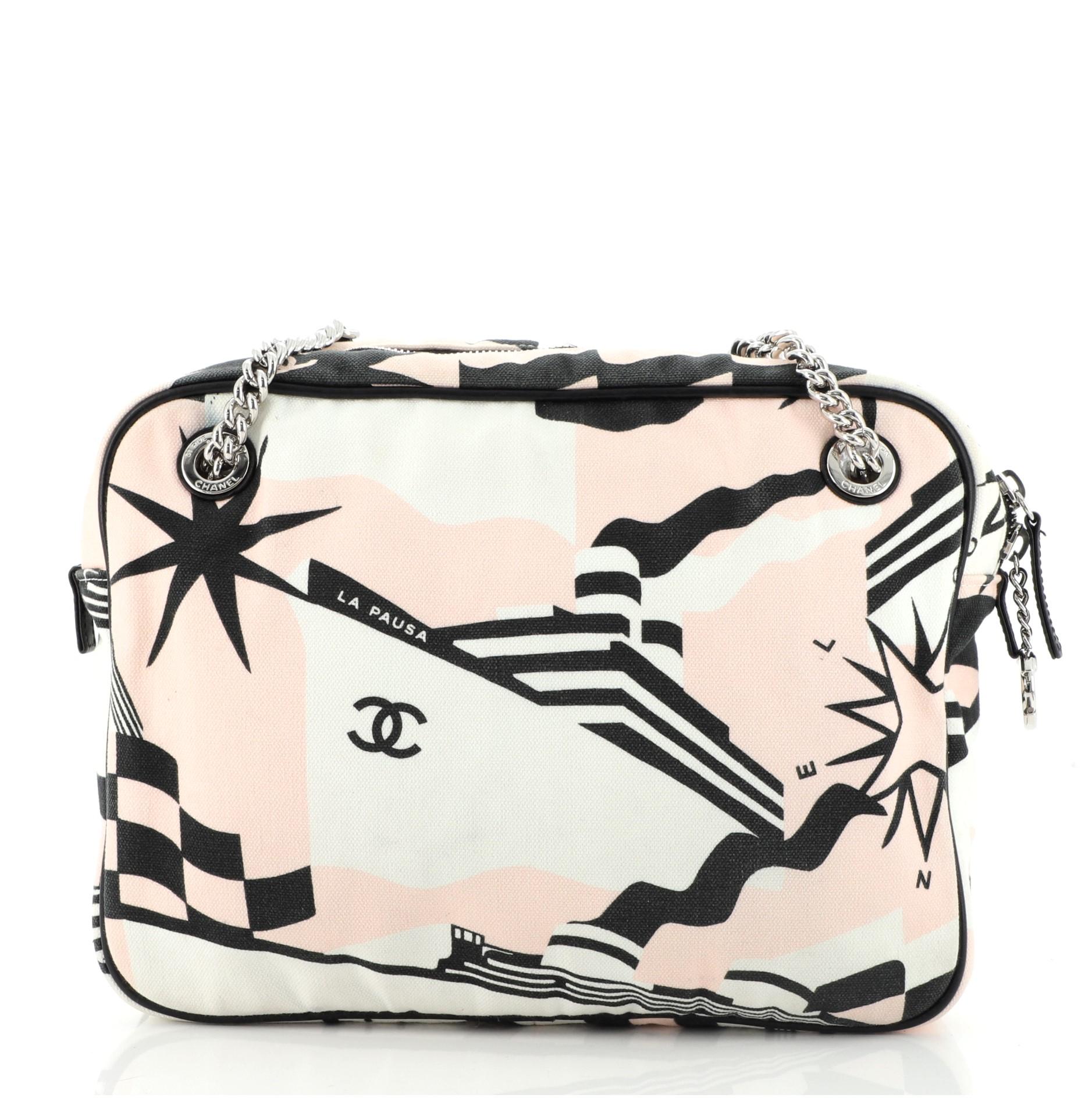 Chanel Bolsa de lona estampada multicolor La Pausa Bay Estuche pequeño para cámara Beige