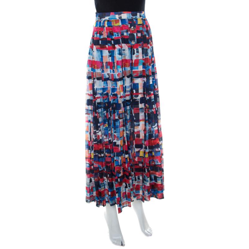Black Chanel Multicolor Printed Cotton Pleated Maxi Skirt S
