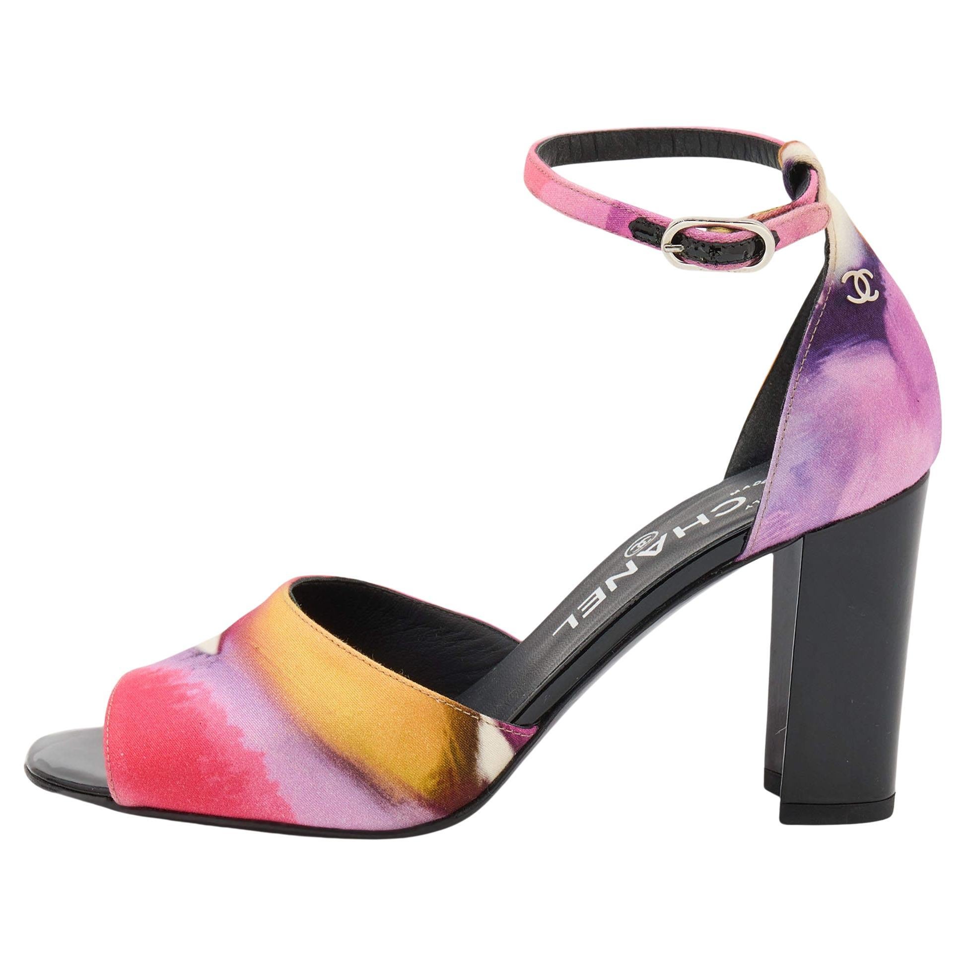 Chanel Multicolor Printed Fabric Ankle Strap Sandals Size 37 For Sale at  1stDibs
