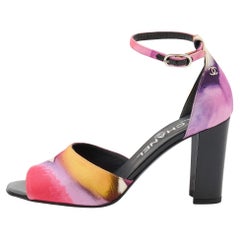 Chanel Multicolor Printed Fabric Ankle Strap Sandals Size 37