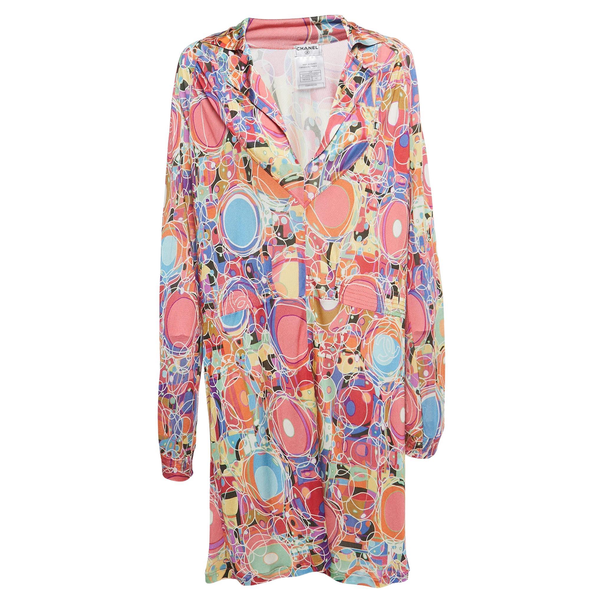 Chanel Multicolor Printed Jersey Full Sleeve Mini Dress L For Sale