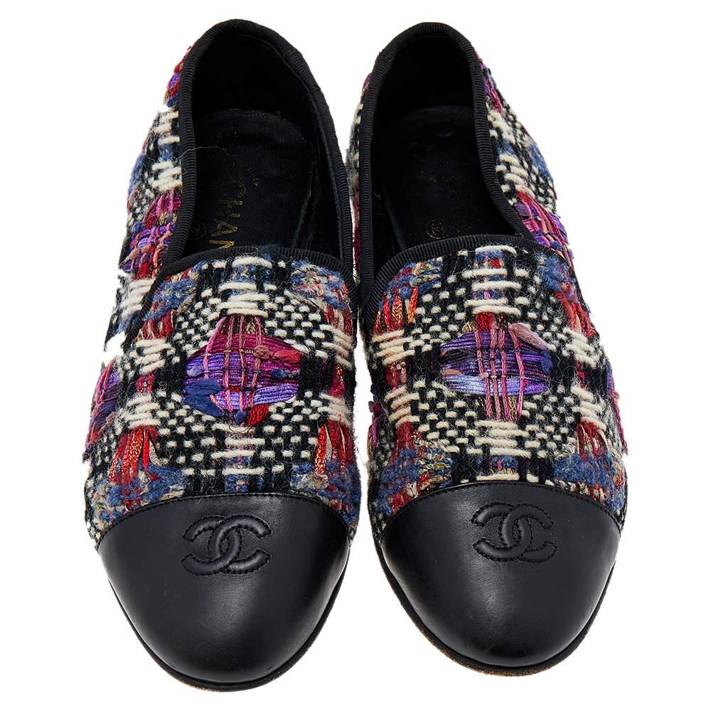 Black Chanel Multicolor Printed Tweed And Leather Loafers Size 40