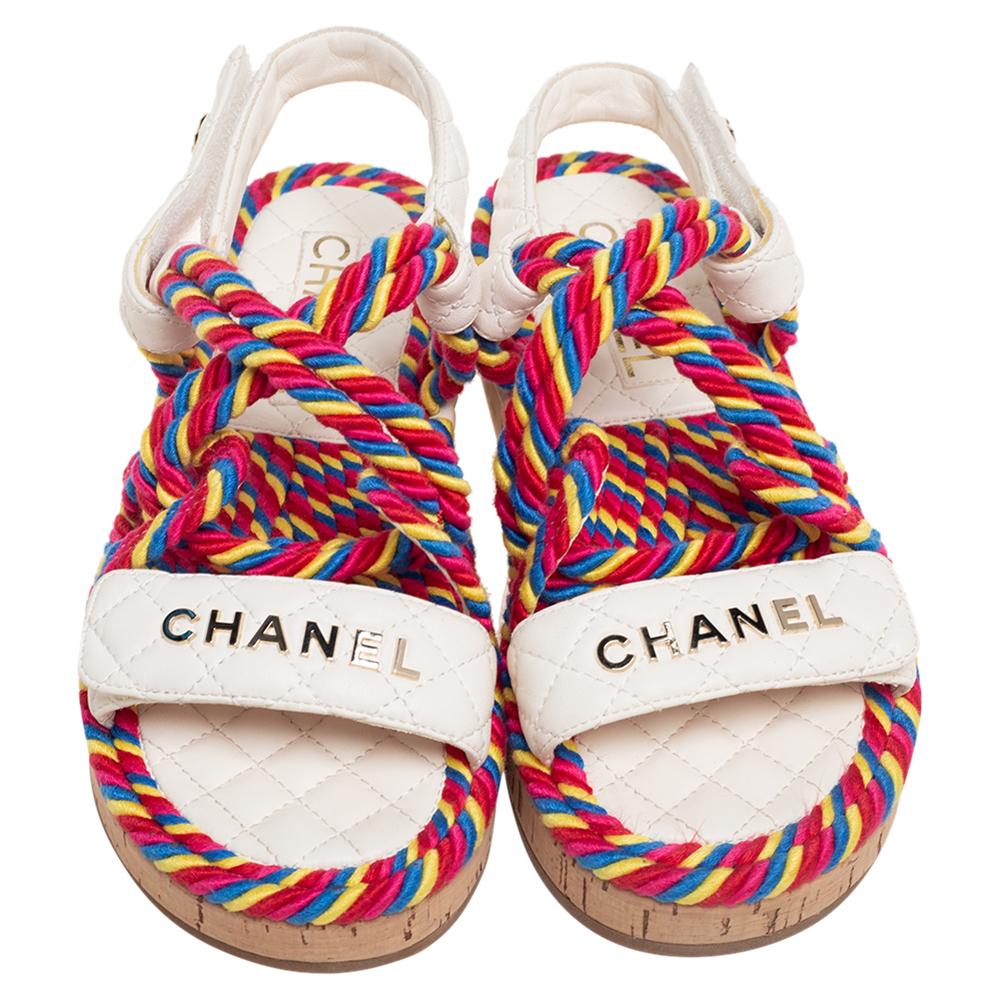 These leather sandals keep your feet feeling comfortable all day. These sandals are at their stylish best fitted with cord straps and signature details on the vamps as well as the slingbacks. This pair of sandals from Chanel is a perfect example of