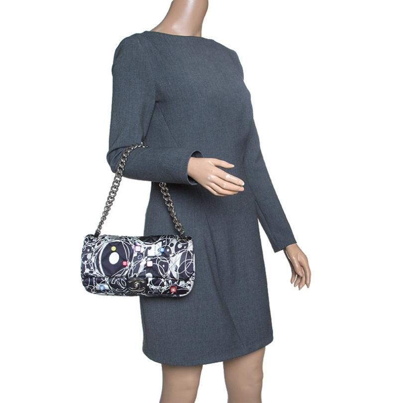 Black Chanel Multicolor Quilted Printed Nylon Flap Shoulder Bag
