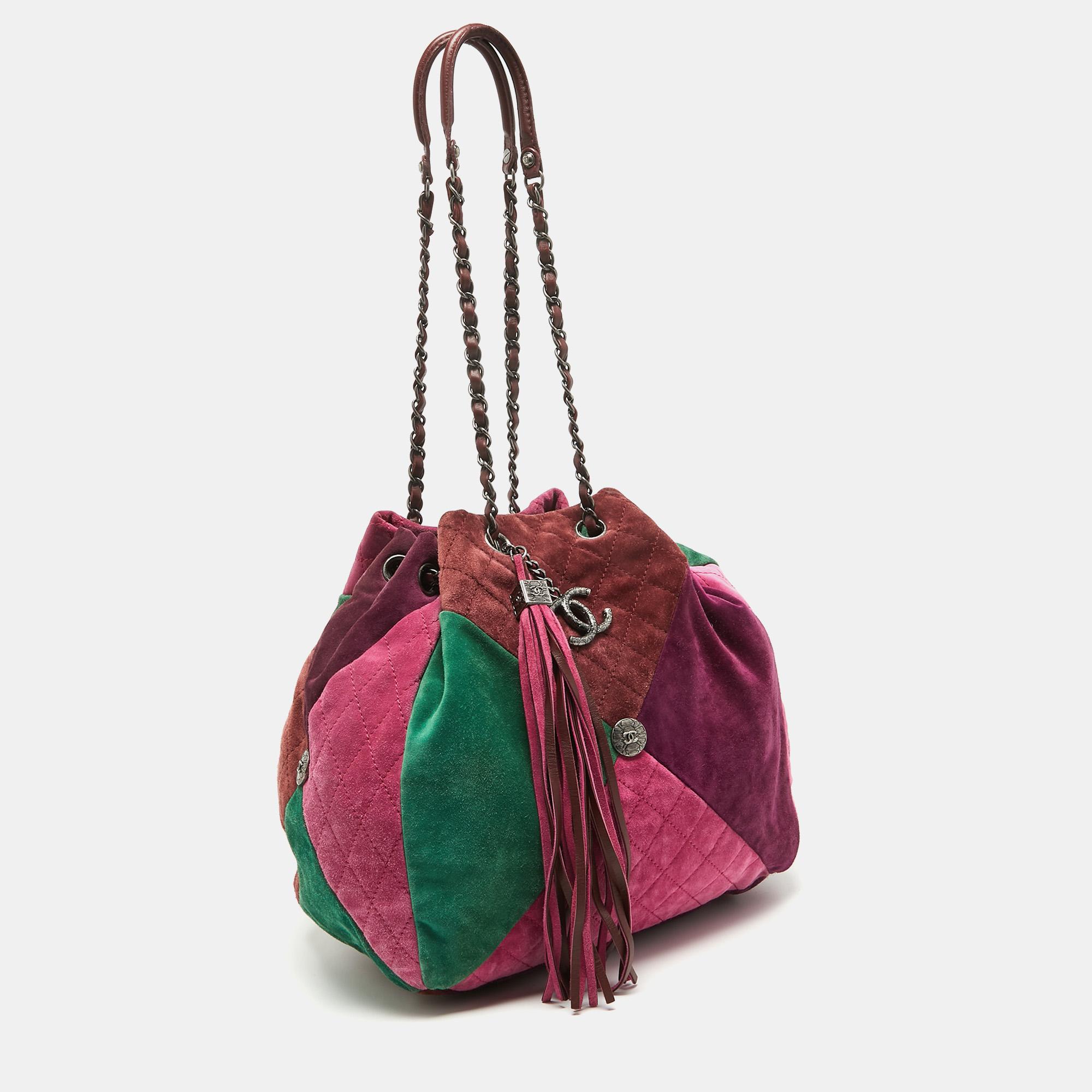 Chanel Multicolor Quilted Suede Patchwork Drawstring Bucket Bag For Sale 3
