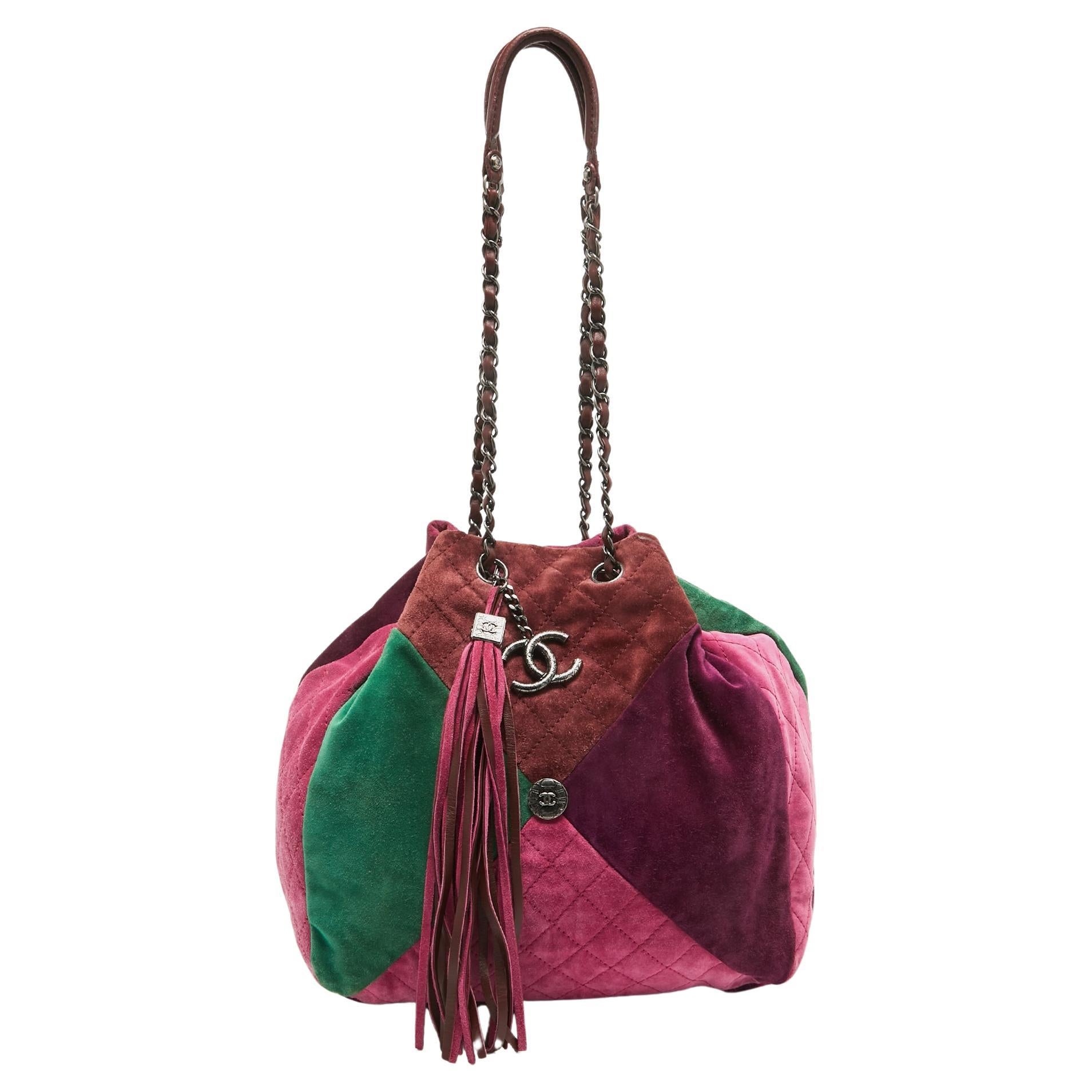 Chanel Multicolor Quilted Suede Patchwork Drawstring Bucket Bag For Sale