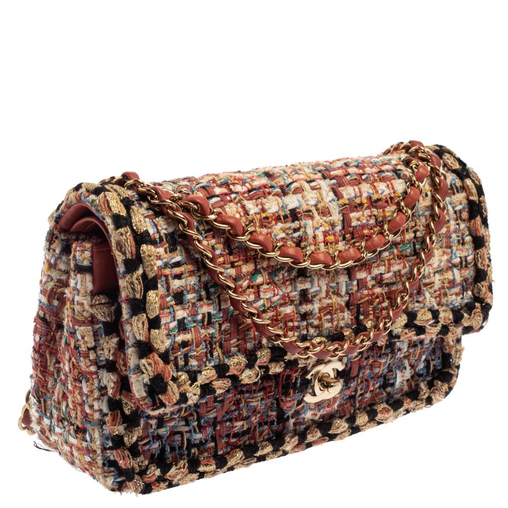 Brown Chanel Multicolor Quilted Tweed Medium Classic Double Flap Shoulder Bag