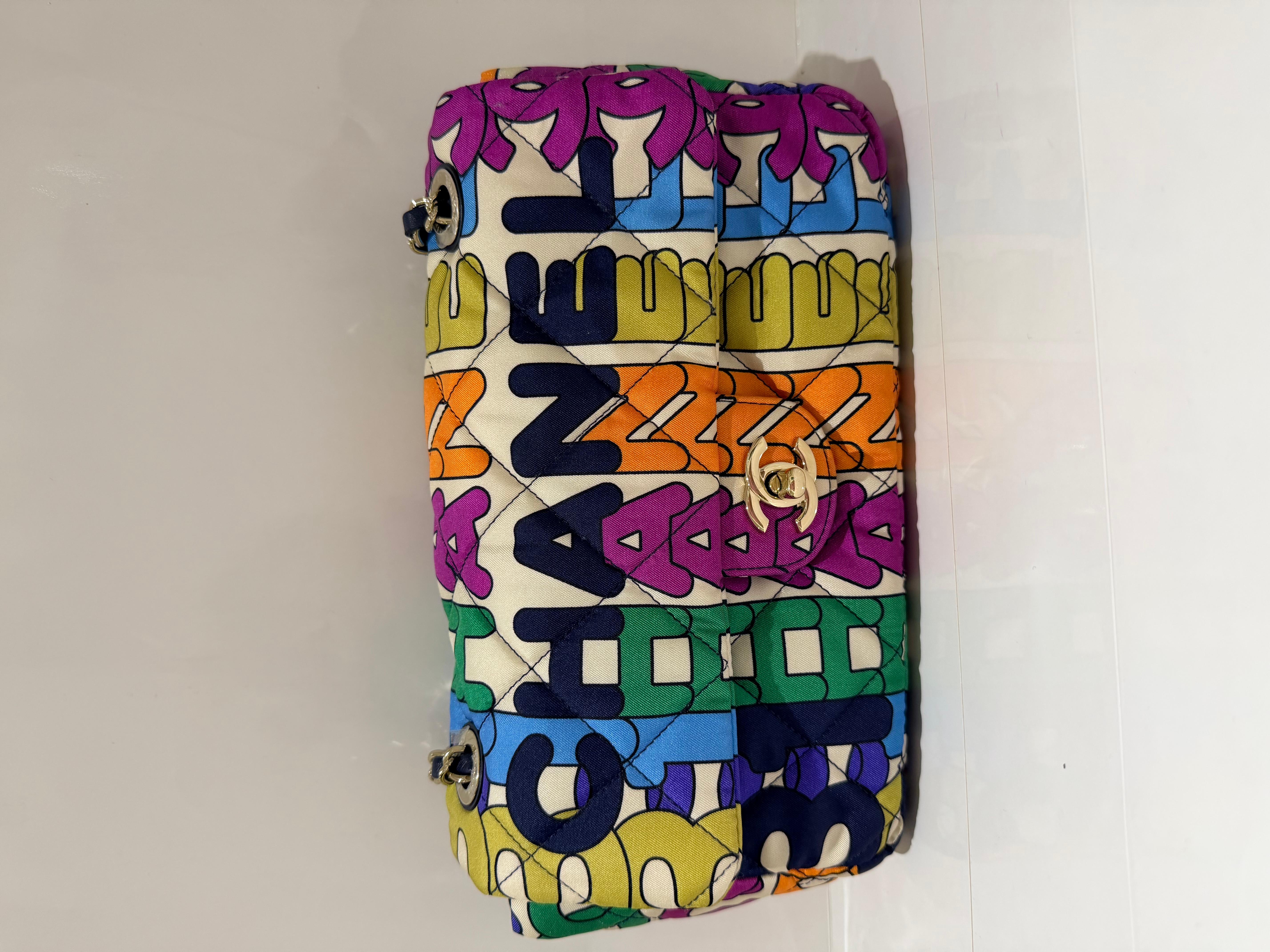 Noir Chanel Multicolor Rainbow Logo Medium Flap Bag Nylon Light Gold Hardware en vente