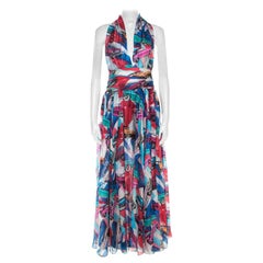 Chanel Multicolor Retro Car Printed Silk Halter Neck Maxi Dress L