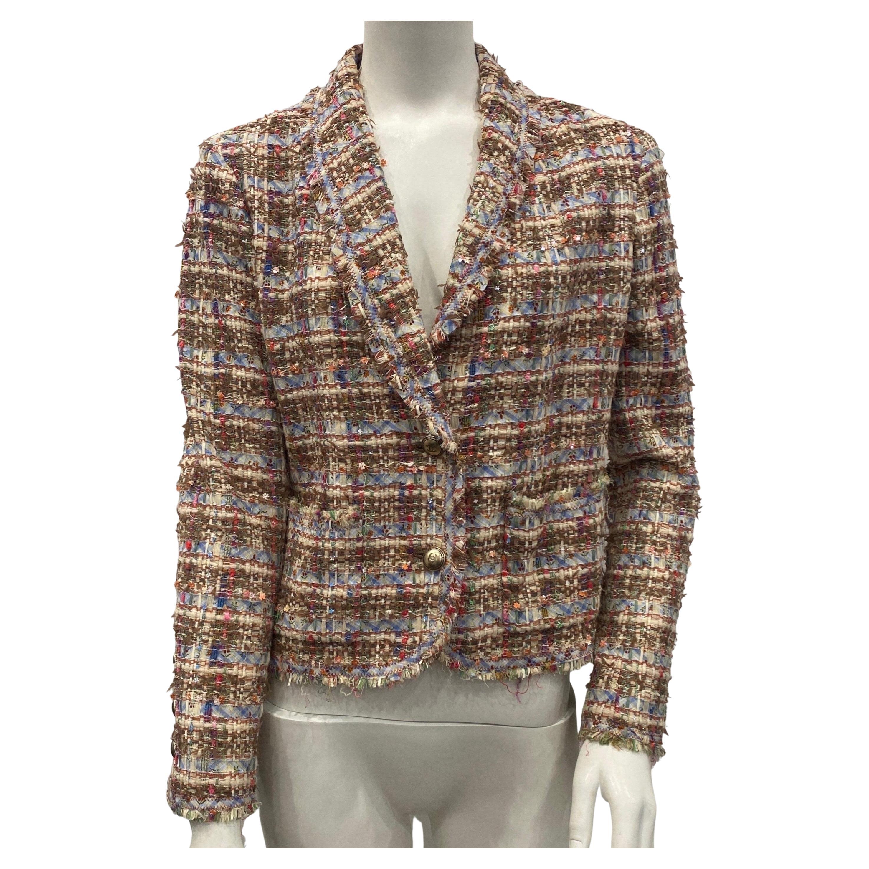 CHANEL 98A Vintage Brown Multicolor Wool Tweed Jacket Top CC Logo Buttons  38 US6
