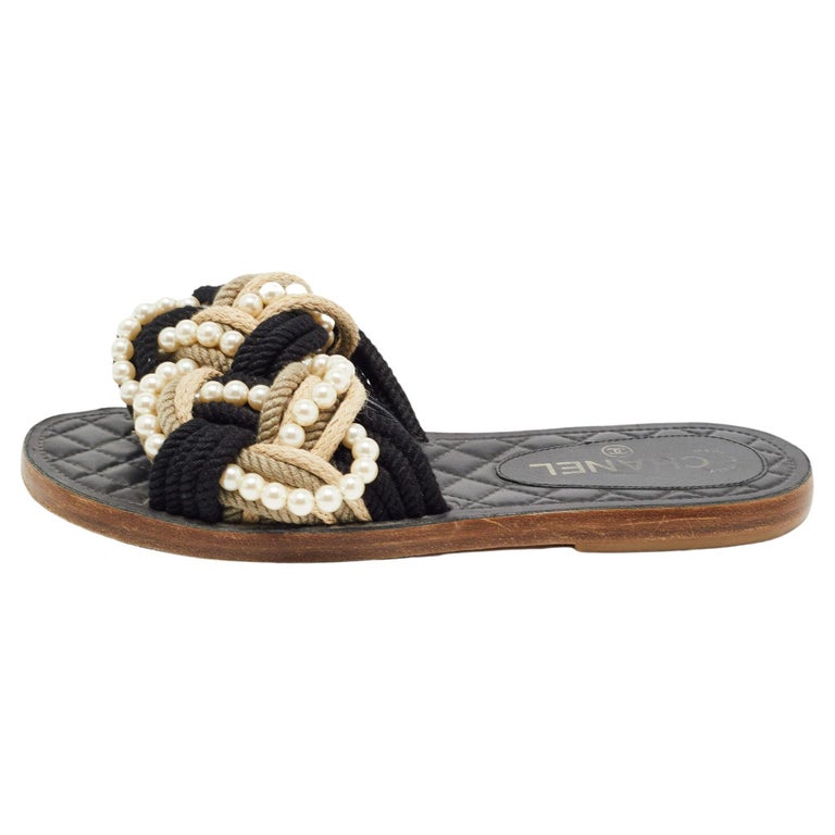 Chanel Two Tone Rope With Faux Pearls Cuba Flat Slide Size 41 Chanel