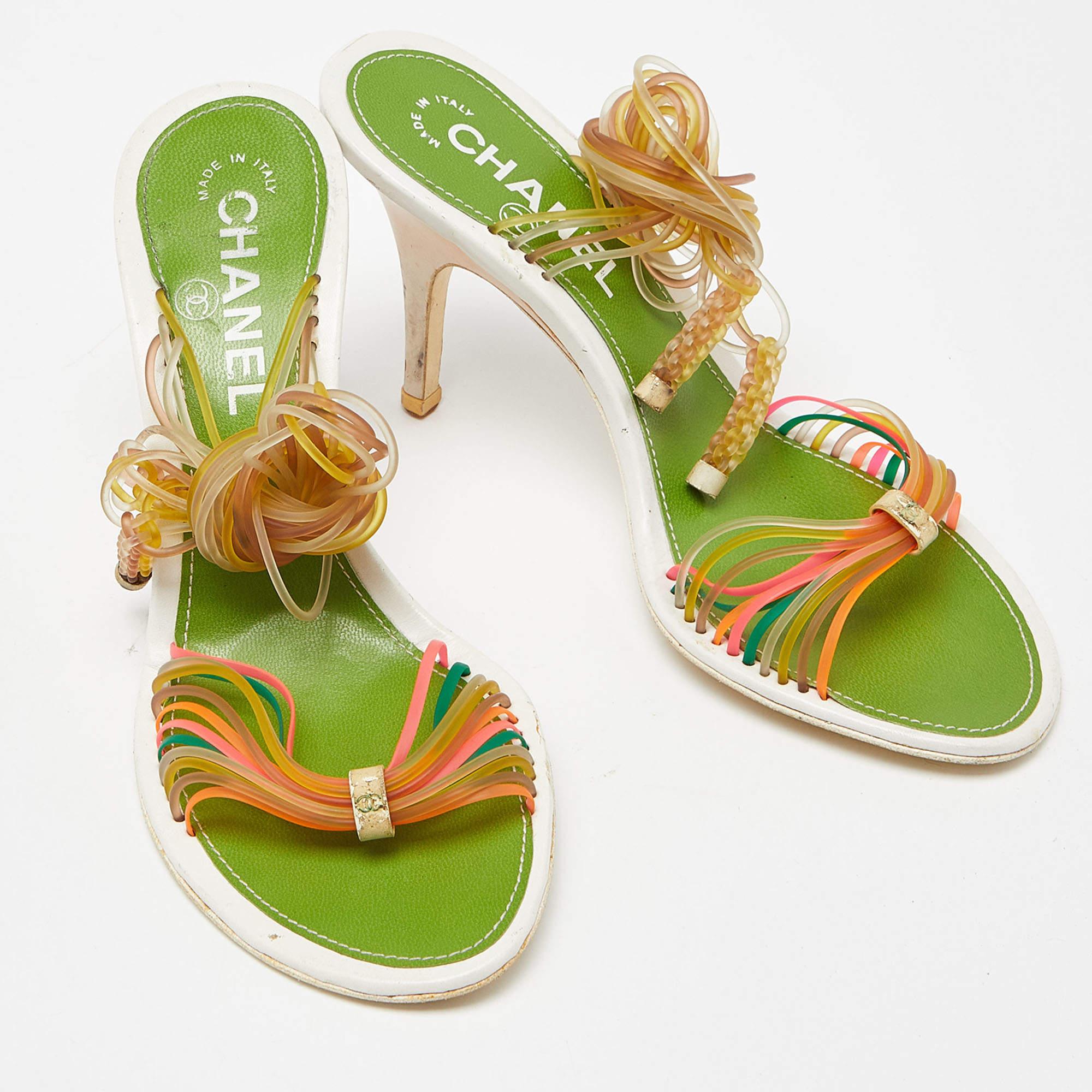 Beige Chanel Multicolor Rubber CC Ankle Tie Sandals Size 36 For Sale