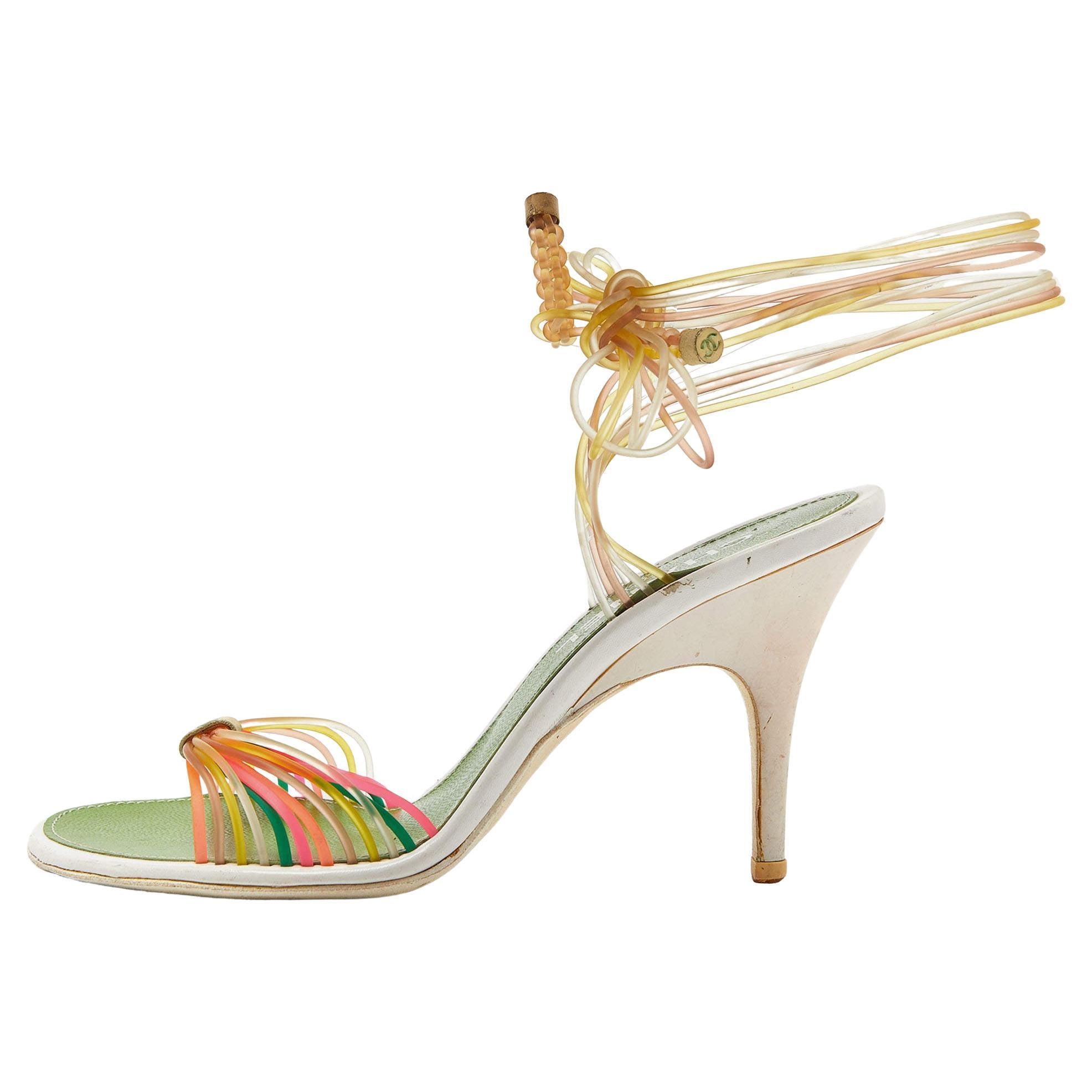 Chanel Multicolor Rubber CC Ankle Tie Sandals Size 36 For Sale