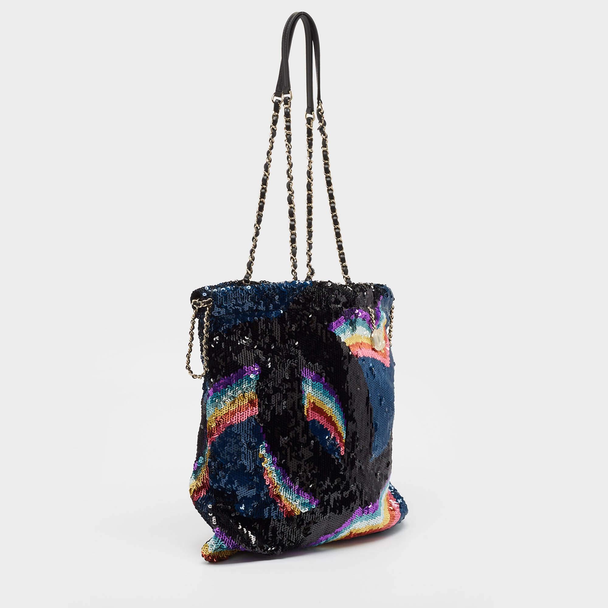 Black Chanel Multicolor Sequins CC Drawstring Chain Tote