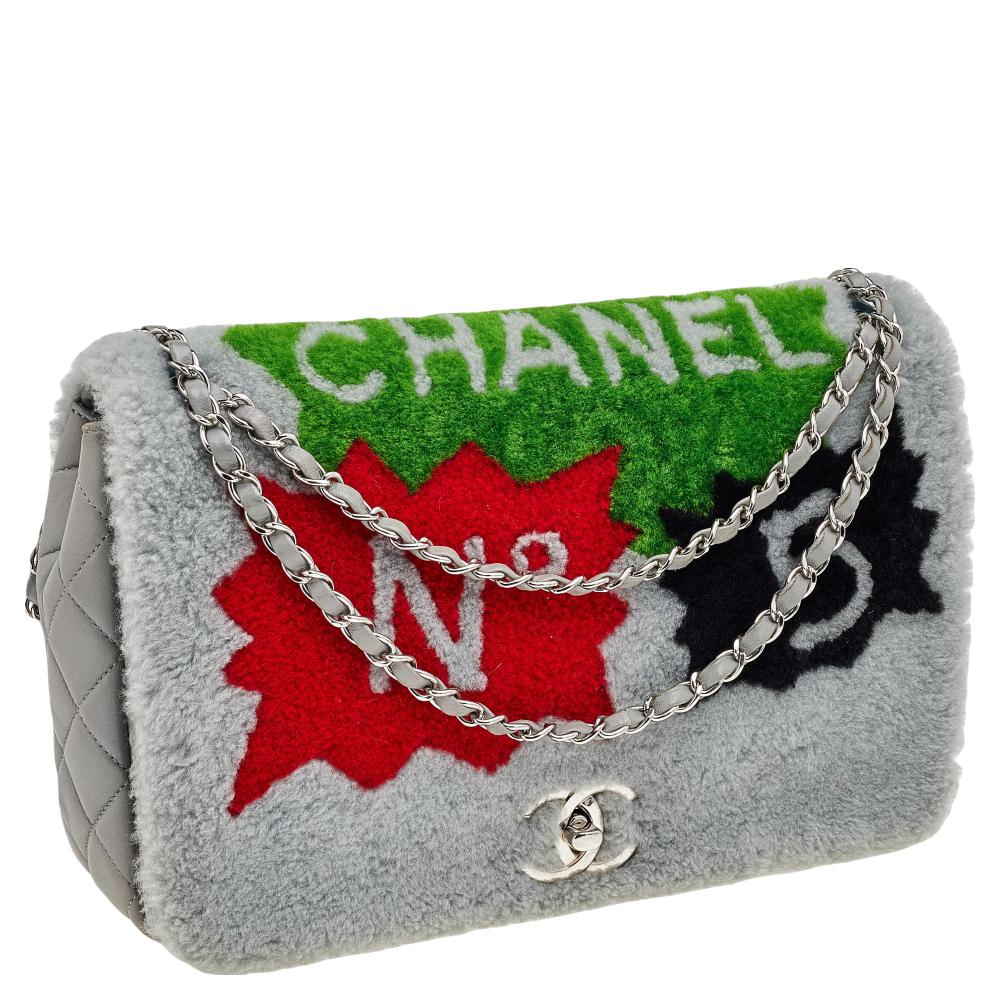 Gray Chanel Multicolor Shearling And Leather Jumbo Comic Flap Bag
