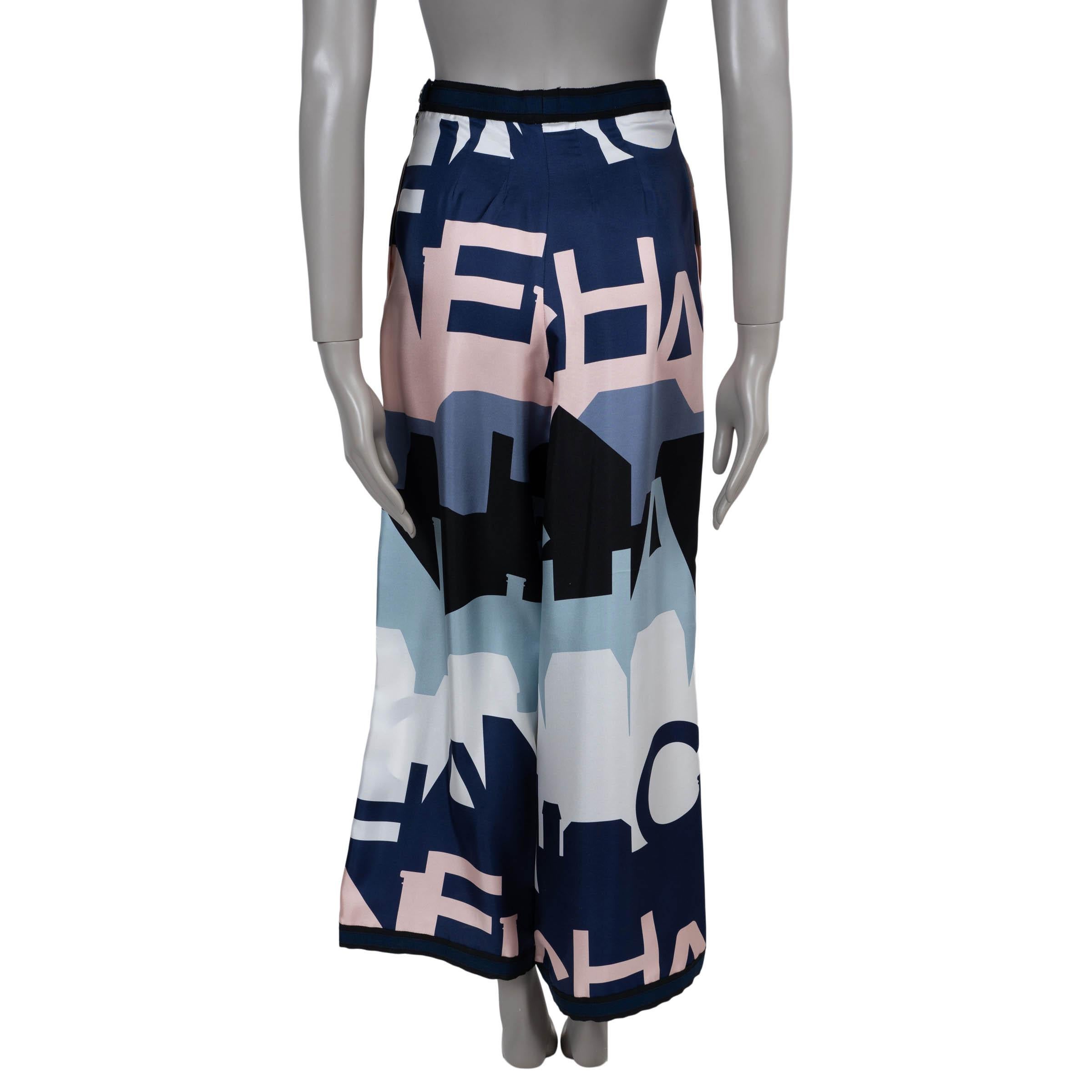 Black CHANEL multicolor silk 20S LOGO & ROOFTOP PRINT WIDE LEG Pants 38 S For Sale