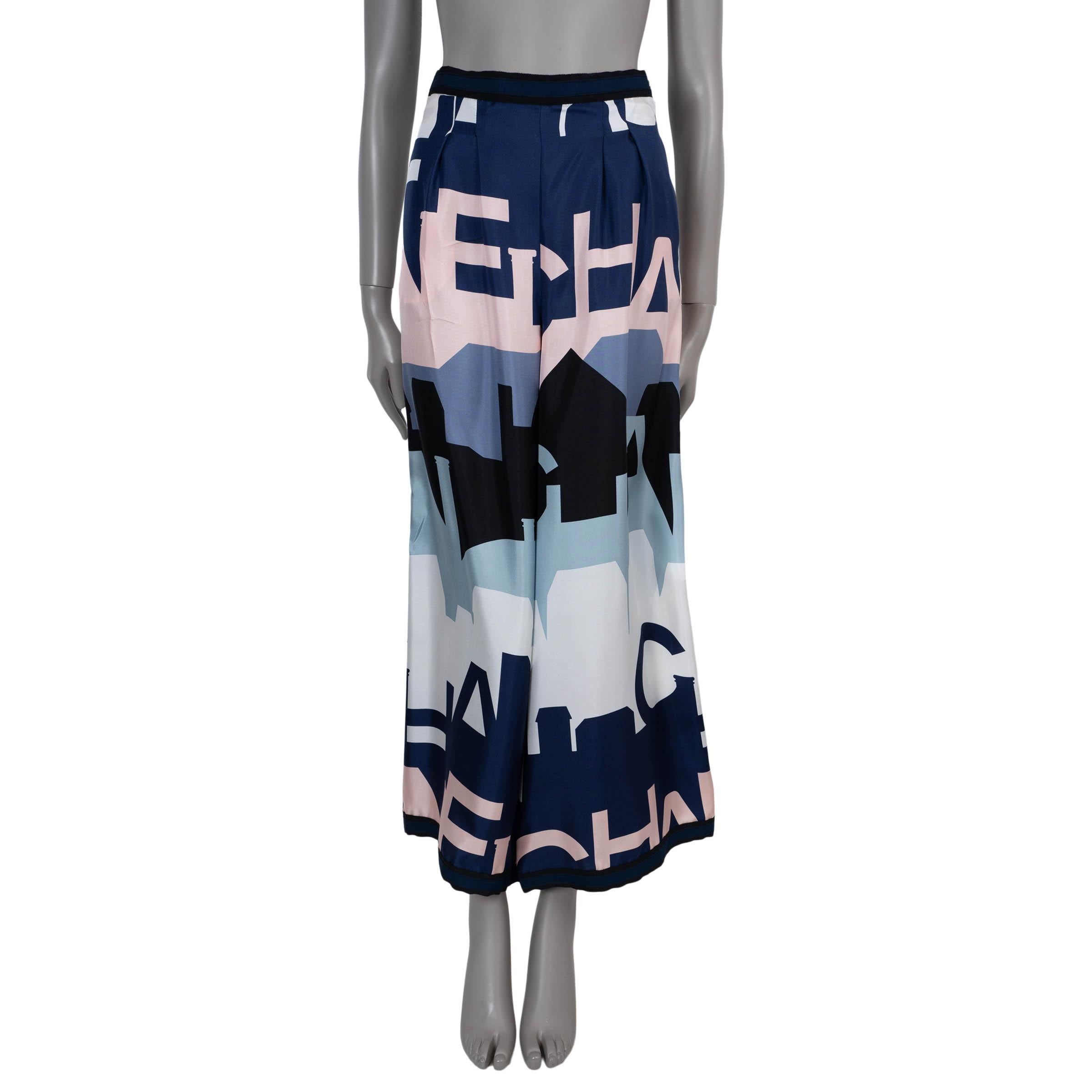CHANEL multicolor silk 20S LOGO & ROOFTOP PRINT WIDE LEG Pants 38 S