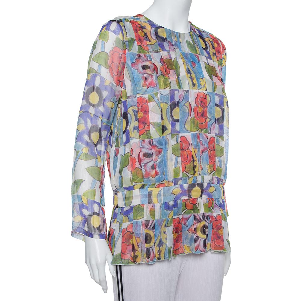 Gray Chanel Multicolor Silk Pleated Detail Top L