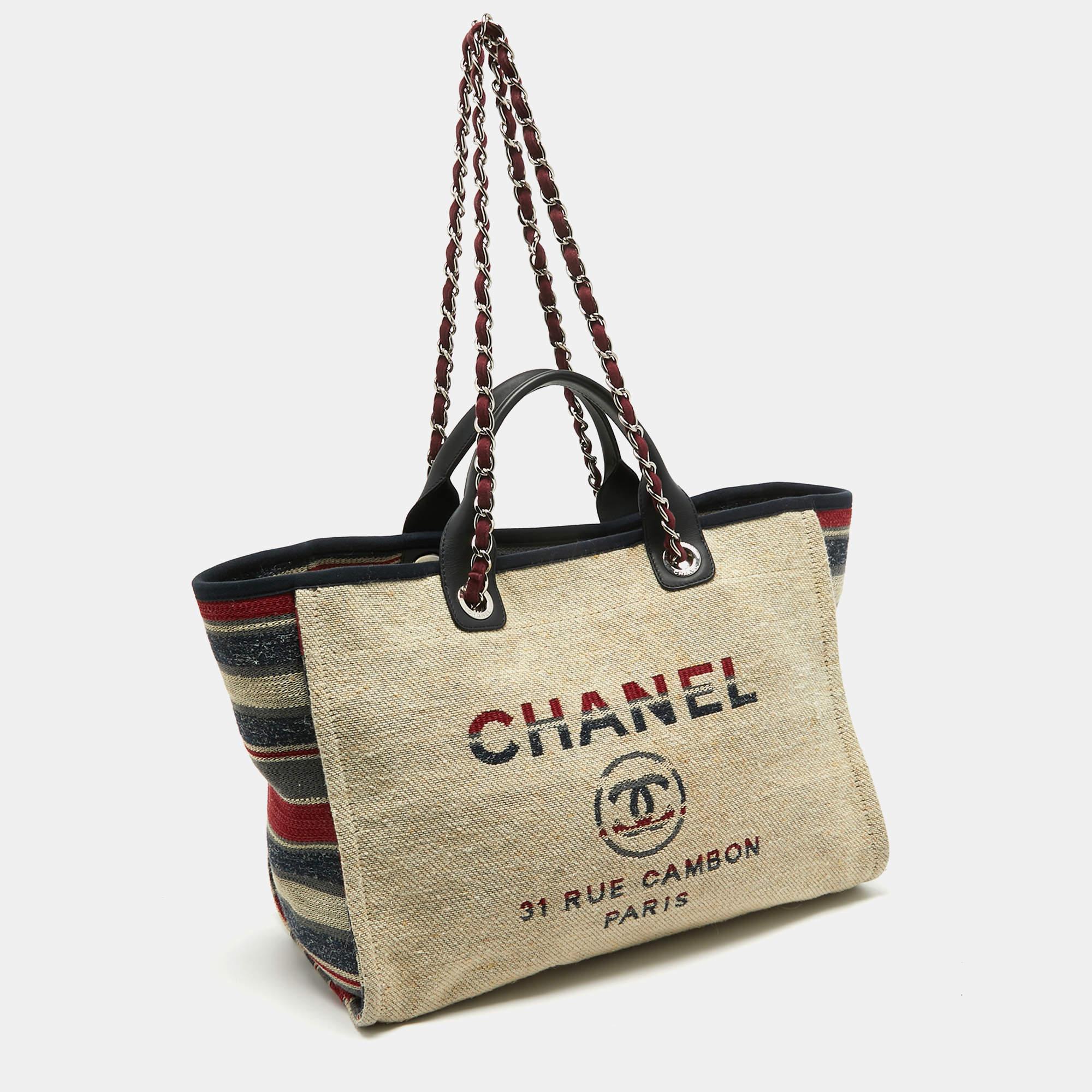 Chanel Multicolor Stripe Canvas and Leather Large Deauville Shopper Tote In Good Condition For Sale In Dubai, Al Qouz 2
