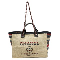 Chanel grand sac cabas Deauville à rayures multicolores en toile et cuir