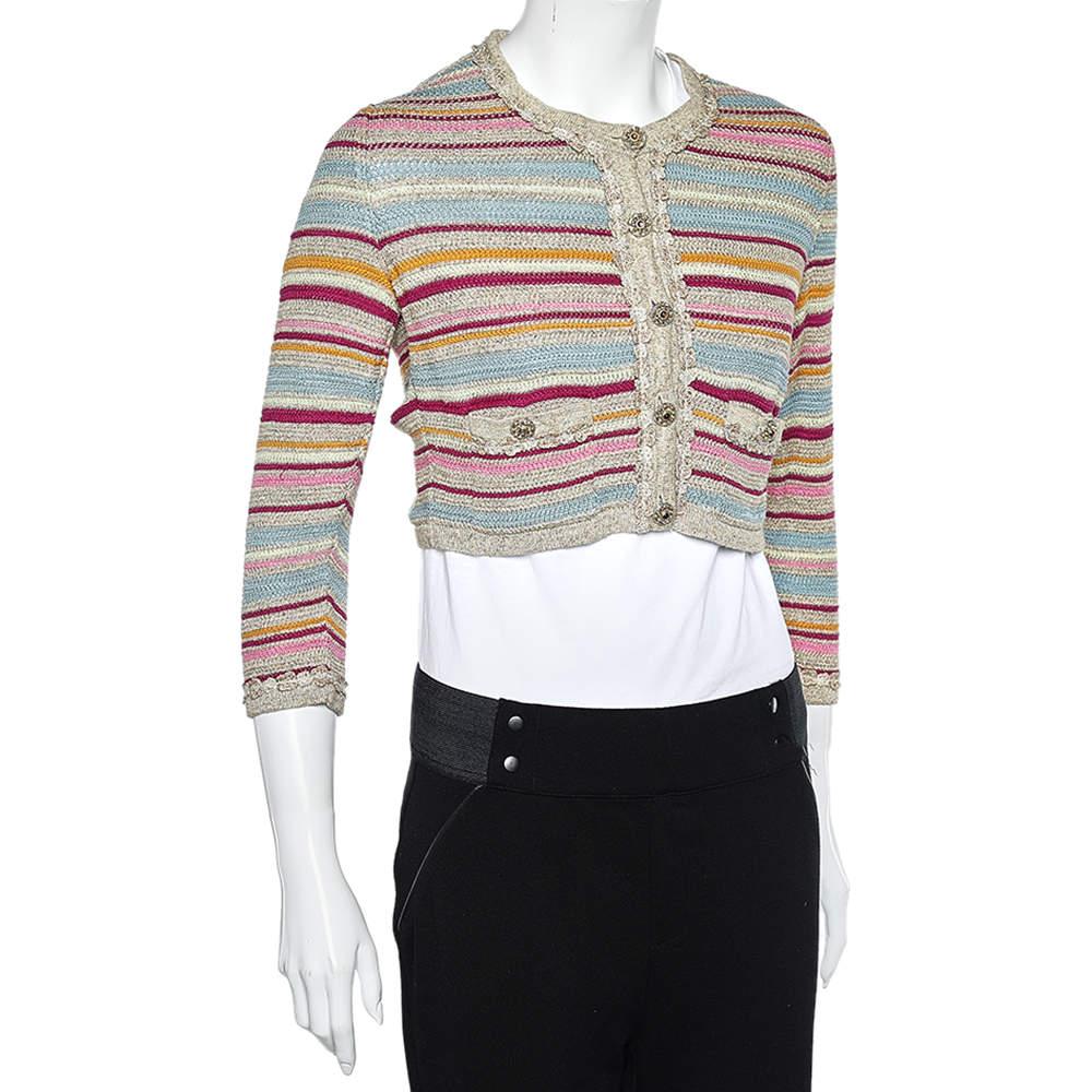 Chanel - Cardigan en tricot de coton à rayures multicolores, taille M en vente 2