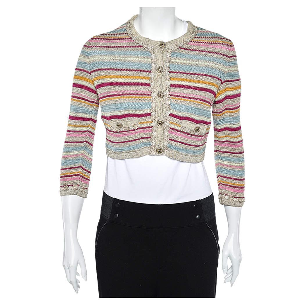 Chanel - Cardigan en tricot de coton à rayures multicolores, taille M en vente