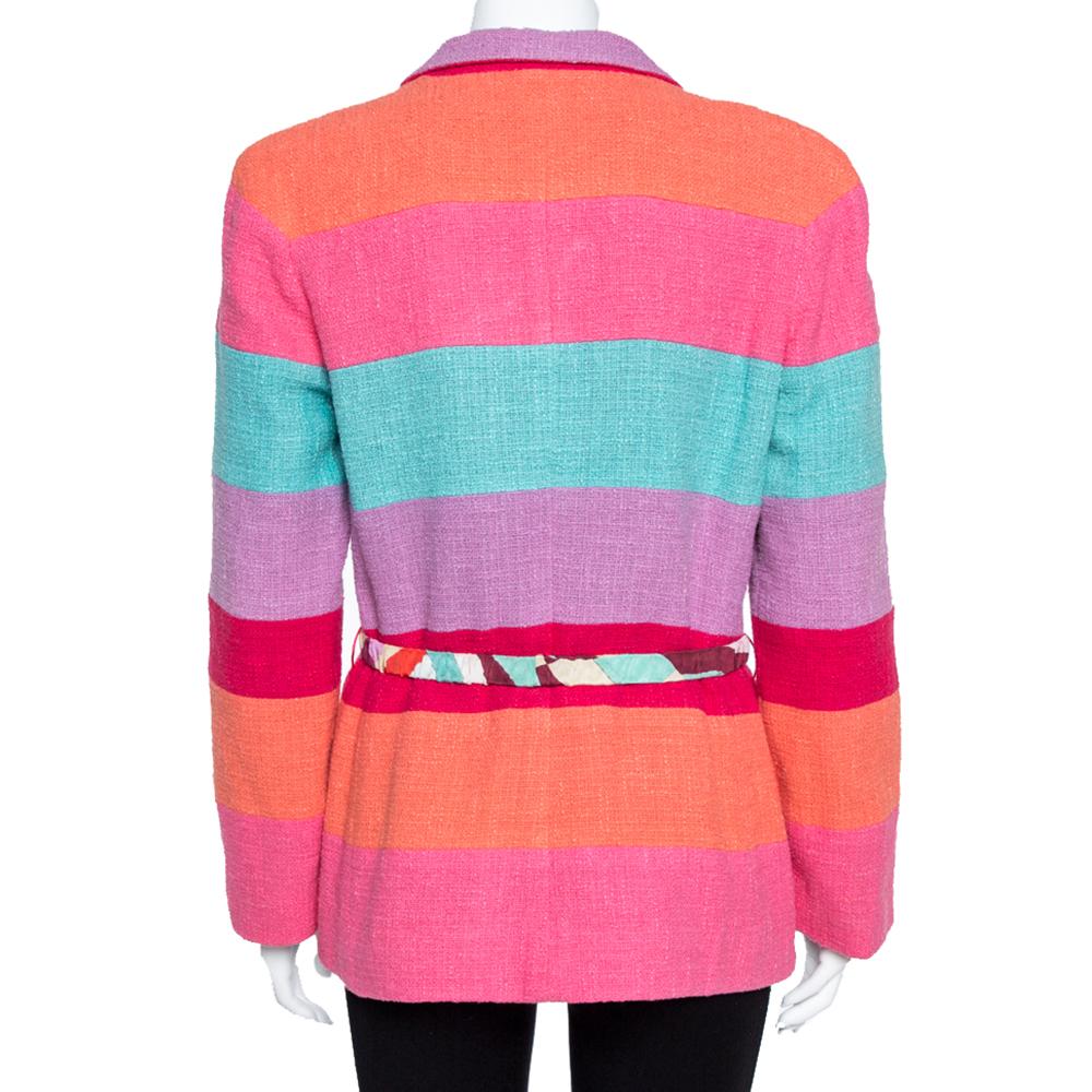 Pink Chanel Multicolor Stripe Cotton Tweed Belted Blazer L