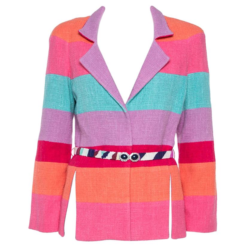 Chanel Multicolor Stripe Cotton Tweed Belted Blazer L