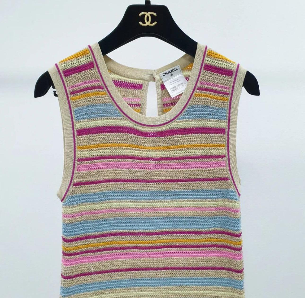 Beautiful Chanel Multi coloured stripe dress featuring crewneck neckline. 

This stunning dress would look amazing to wear on the beach paired with lovely sandals.

Sz.36

Very good condition.